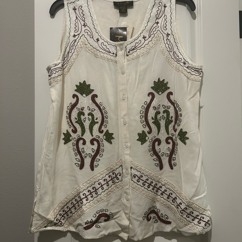 Boho Chic Sleeveless Blouse with Burgundy and Green Embroidery- Magic #India